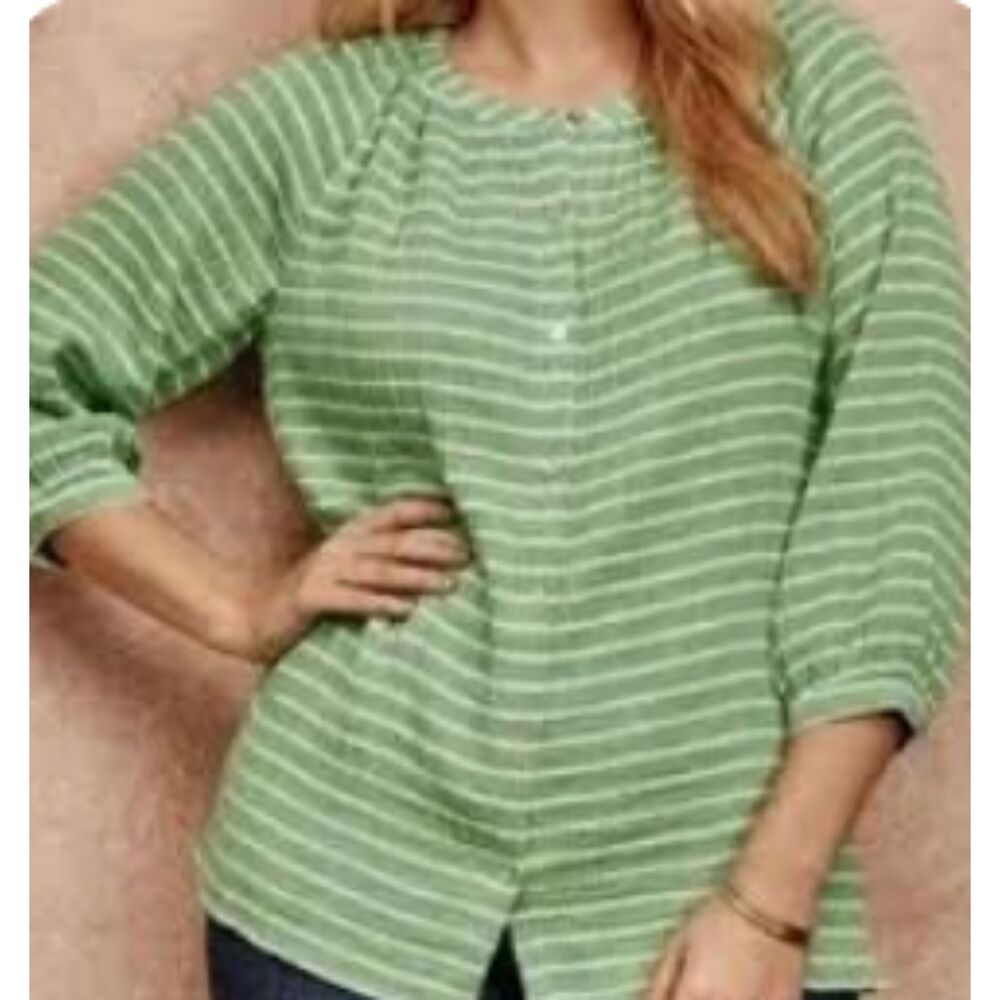 J Jill Coastal Grandma Sage Stripe Relaxed Lagenlook Cottagecore Blouse Sz XS